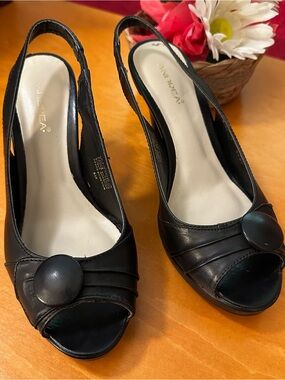 ANDREA FENZI Black Peep-Toe Slingback Heels with Round Button Accent